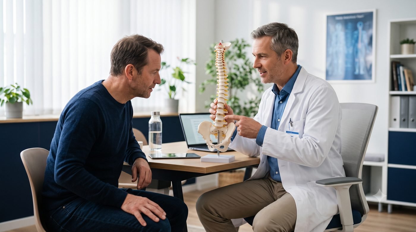 Médico de Spine Concept explicando una hernia discal a un paciente